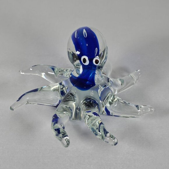 Handmade Handblown Clear/Cobalt Blue Art Glass Octopus Figurine Paperweight - Picture 1 of 12